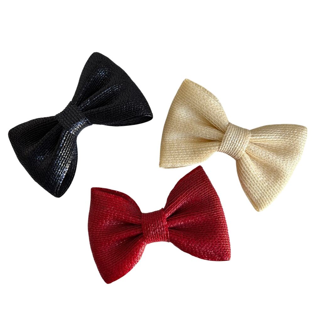 Vintage David Made in France Raffia Bow Hair Clips Set of 3 Red Navy Ivory